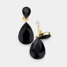 Gold, Jet Black Double Teardrop Stone Link Clip on Evening Earrings