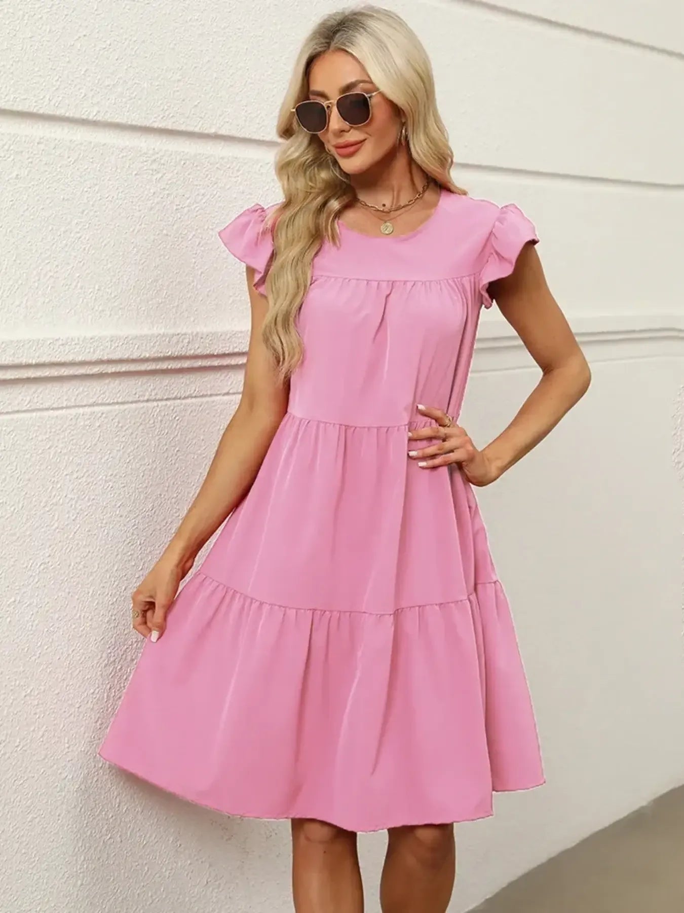 frill sleeve mini dress Tiered Ruffle Sleeve Mini Dress Strawberry / L