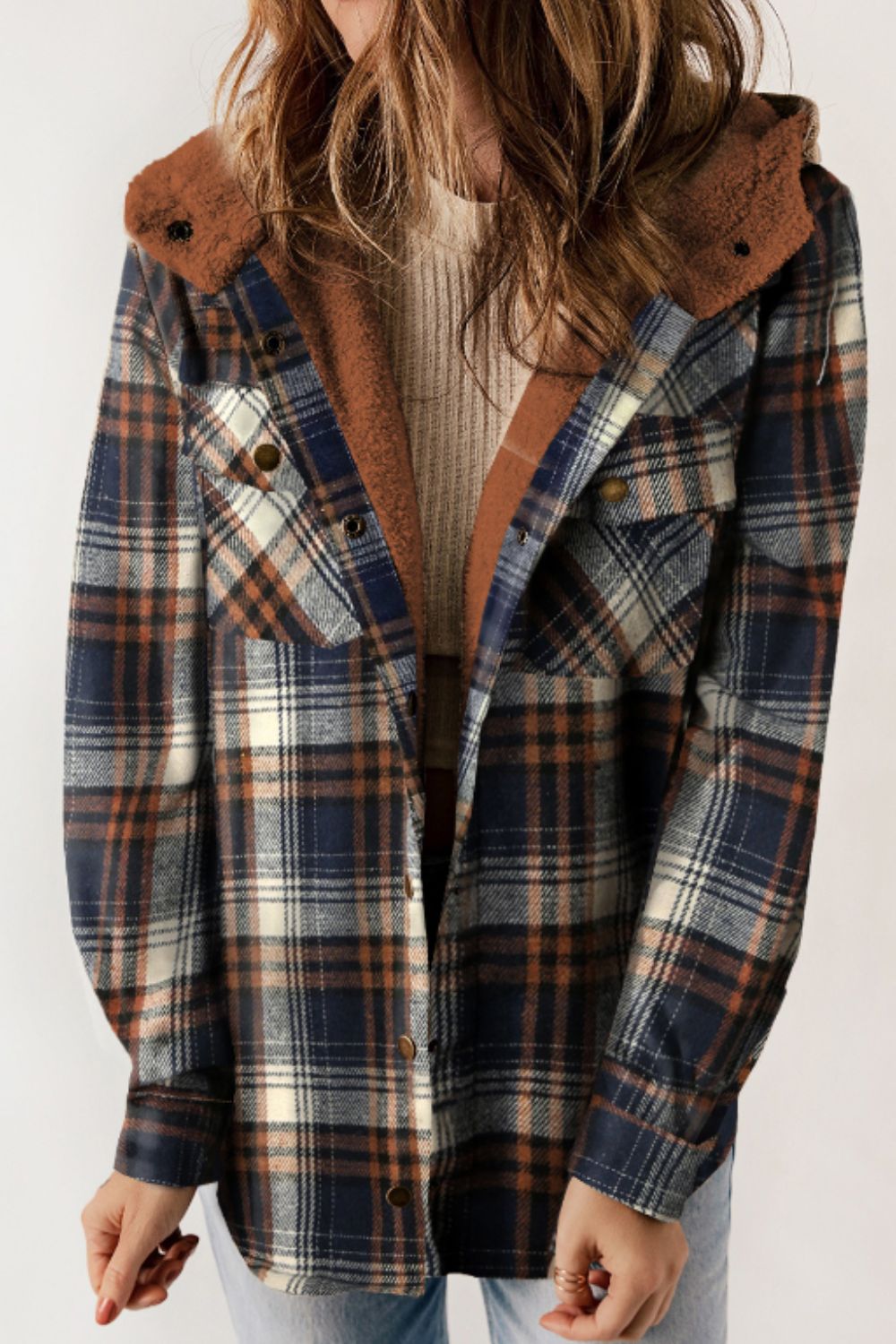 Plaid Button Up Long Sleeve Hooded Jacket - Charming Charlie