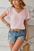 Ruched V-Neck Flounce Sleeve Blouse - Charming Charlie