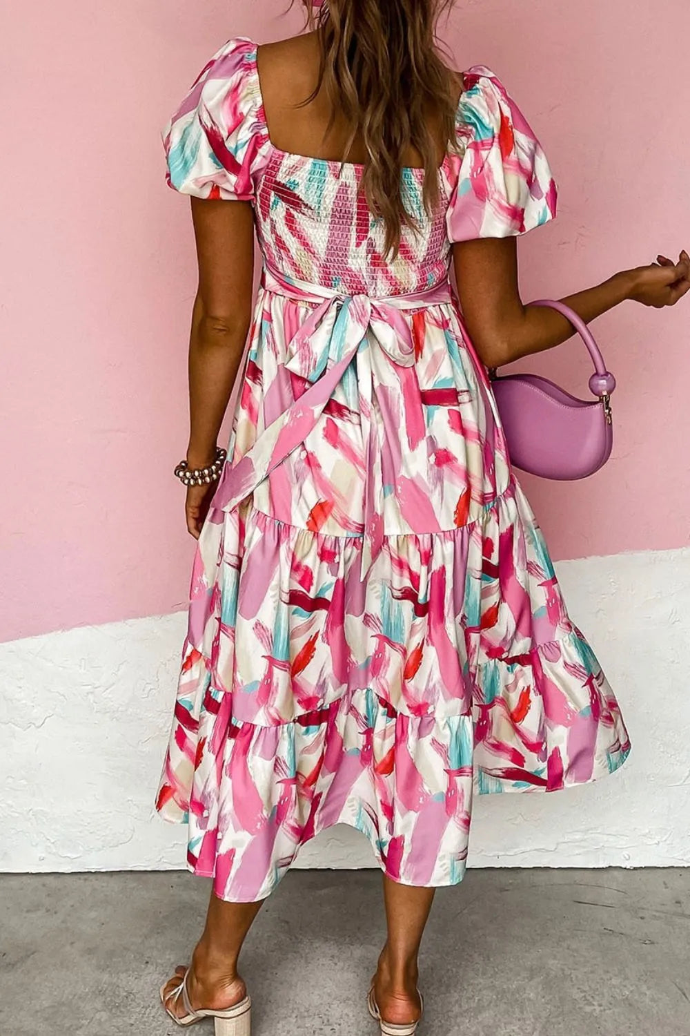 square collar printed puff sleeve midi dress Geometric Print Puff Sleeve Square Neck Midi Dress Blush Pink / XL
