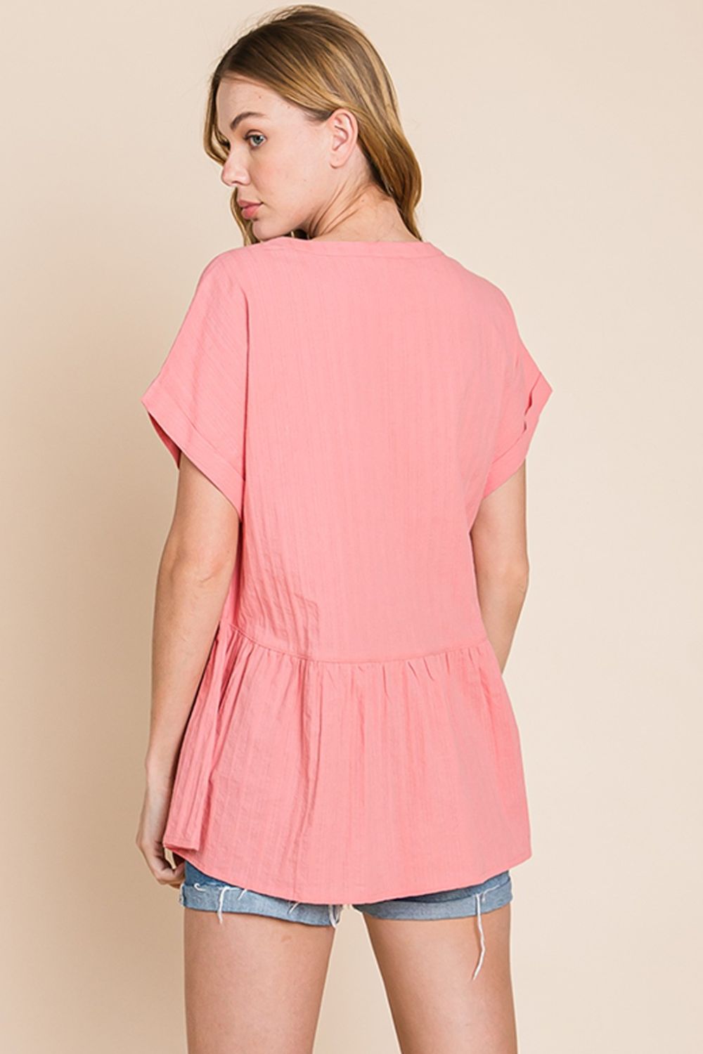 Cotton Bleu by Nu Label Notched Short Sleeve Peplum Top - Charming Charlie