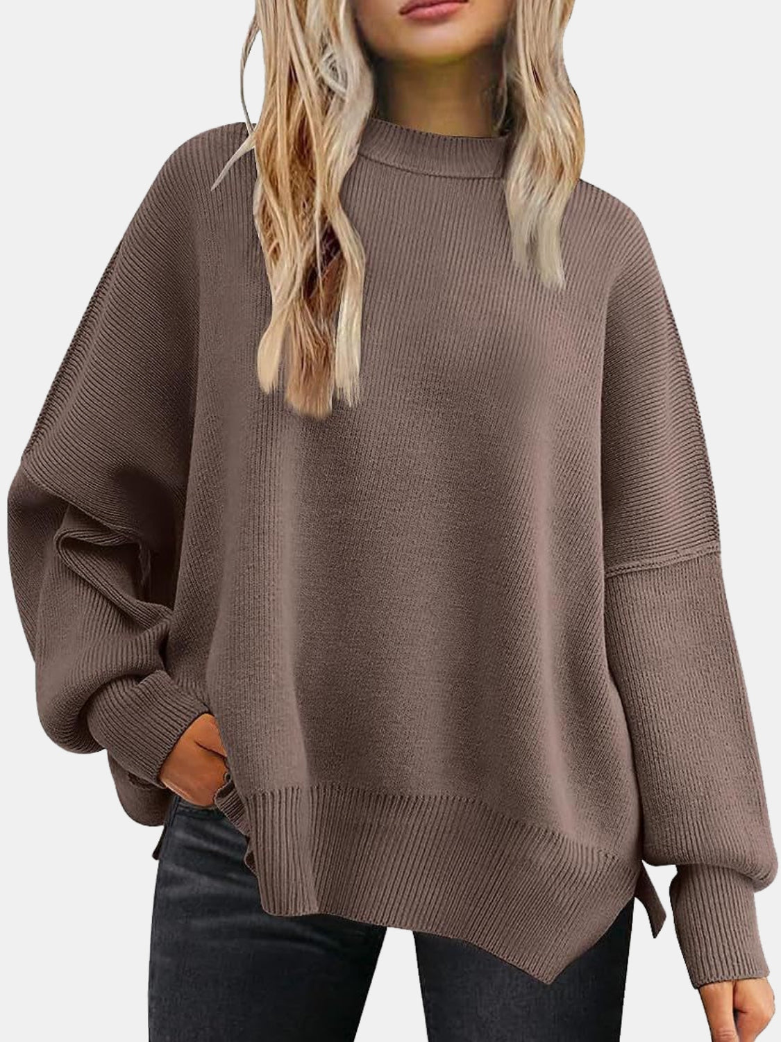 Round Neck Drop Shoulder Slit Sweater - Charming Charlie