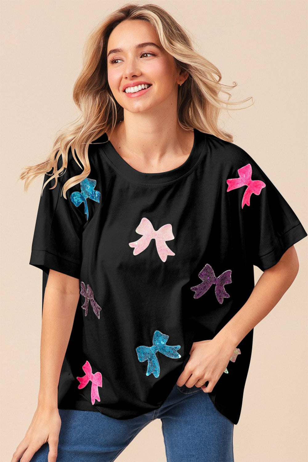 BiBi Sequin Bow Patch Short Sleeve T-Shirt - Charming Charlie
