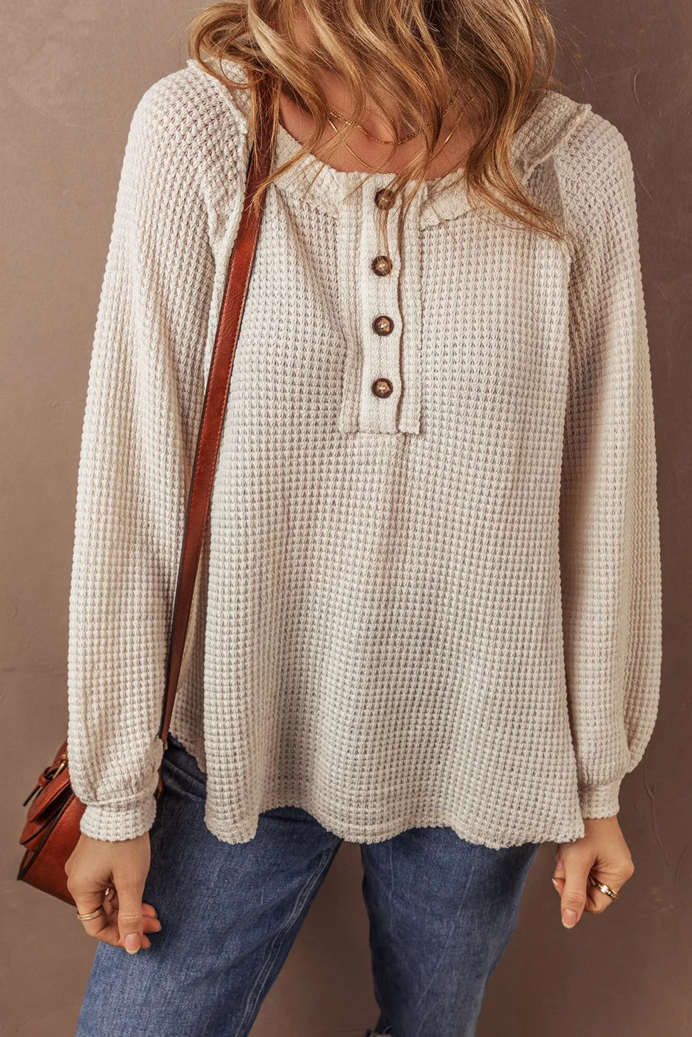 Waffle-Knit Half Button Round Neck Long Sleeve Top - Charming Charlie