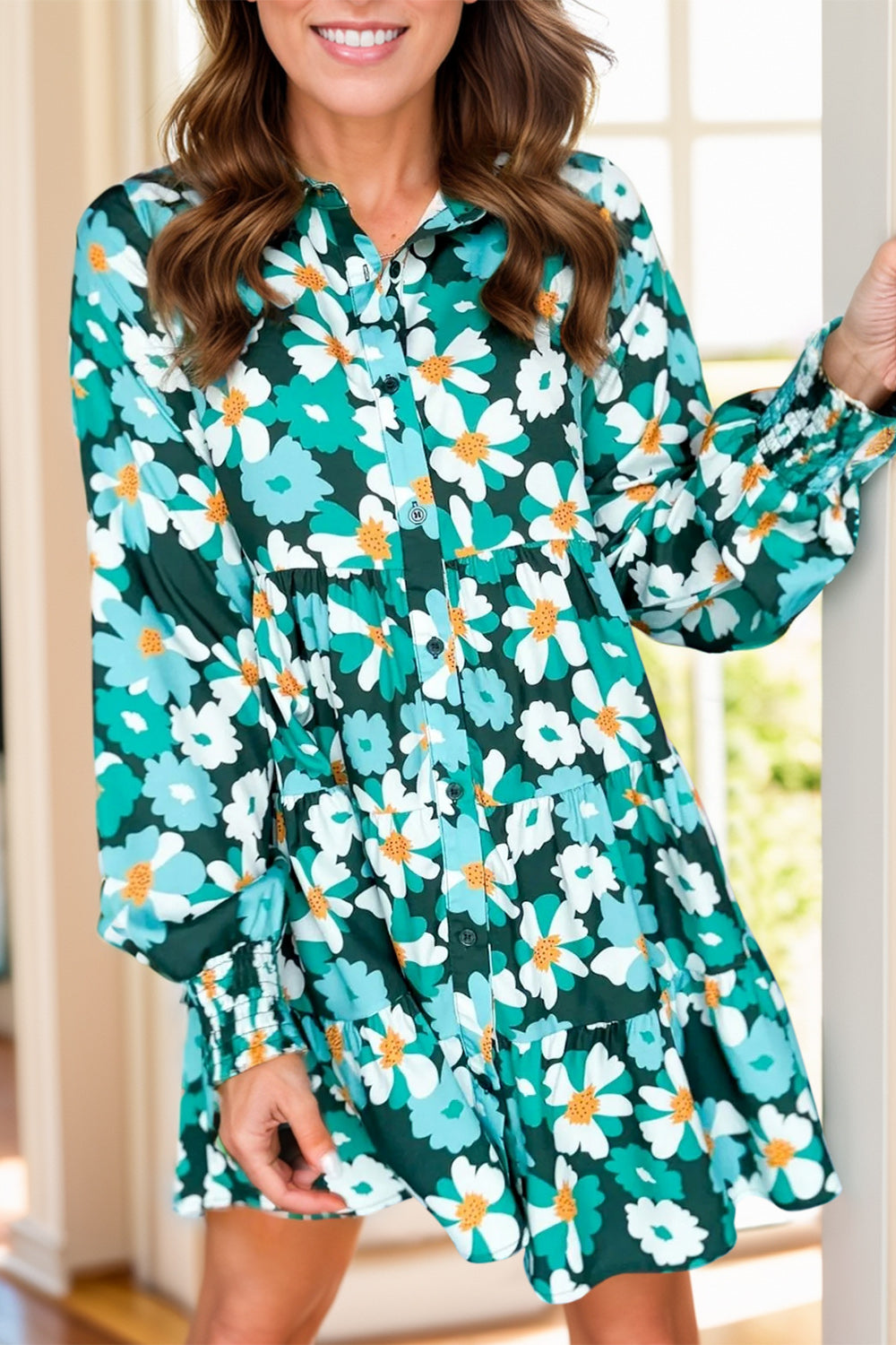 Printed Collared Neck Lantern Sleeve Mini Dress - Charming Charlie