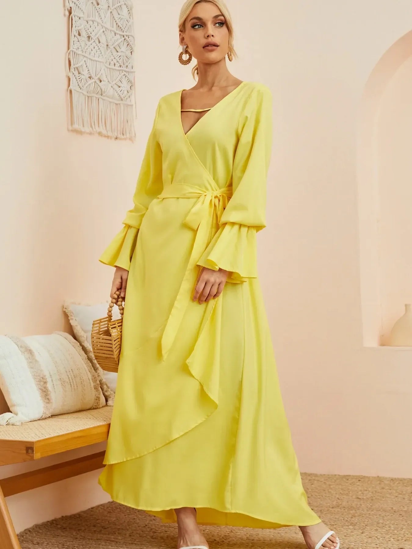 Ruffled Wrap Maxi Dress with Bell Sleeves – Charming Charlie