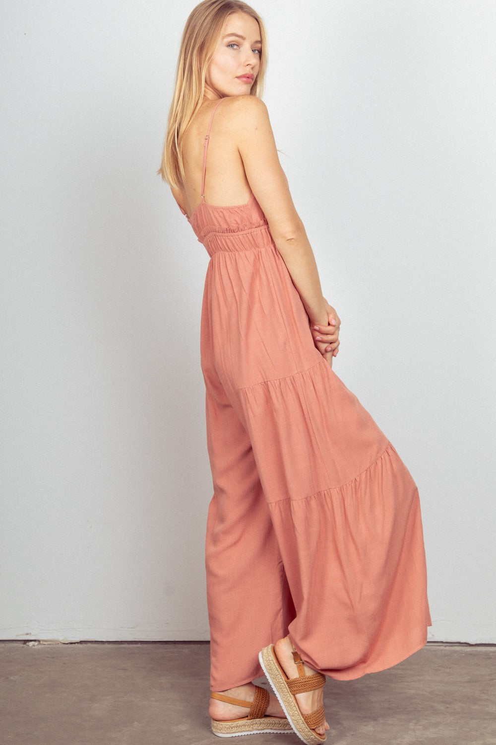 VERY J Sleeveless Ruched Wide Leg Jumpsuit - Charming Charlie