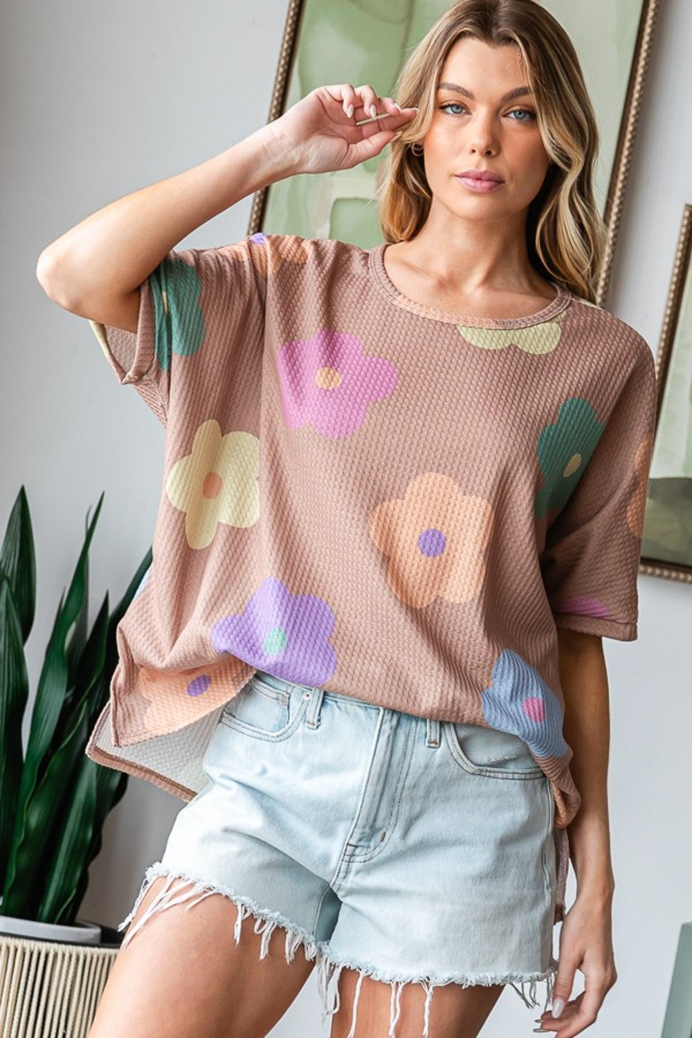 HOPELY Full Size Floral Round Neck Side Slit Waffle T-Shirt - Charming Charlie