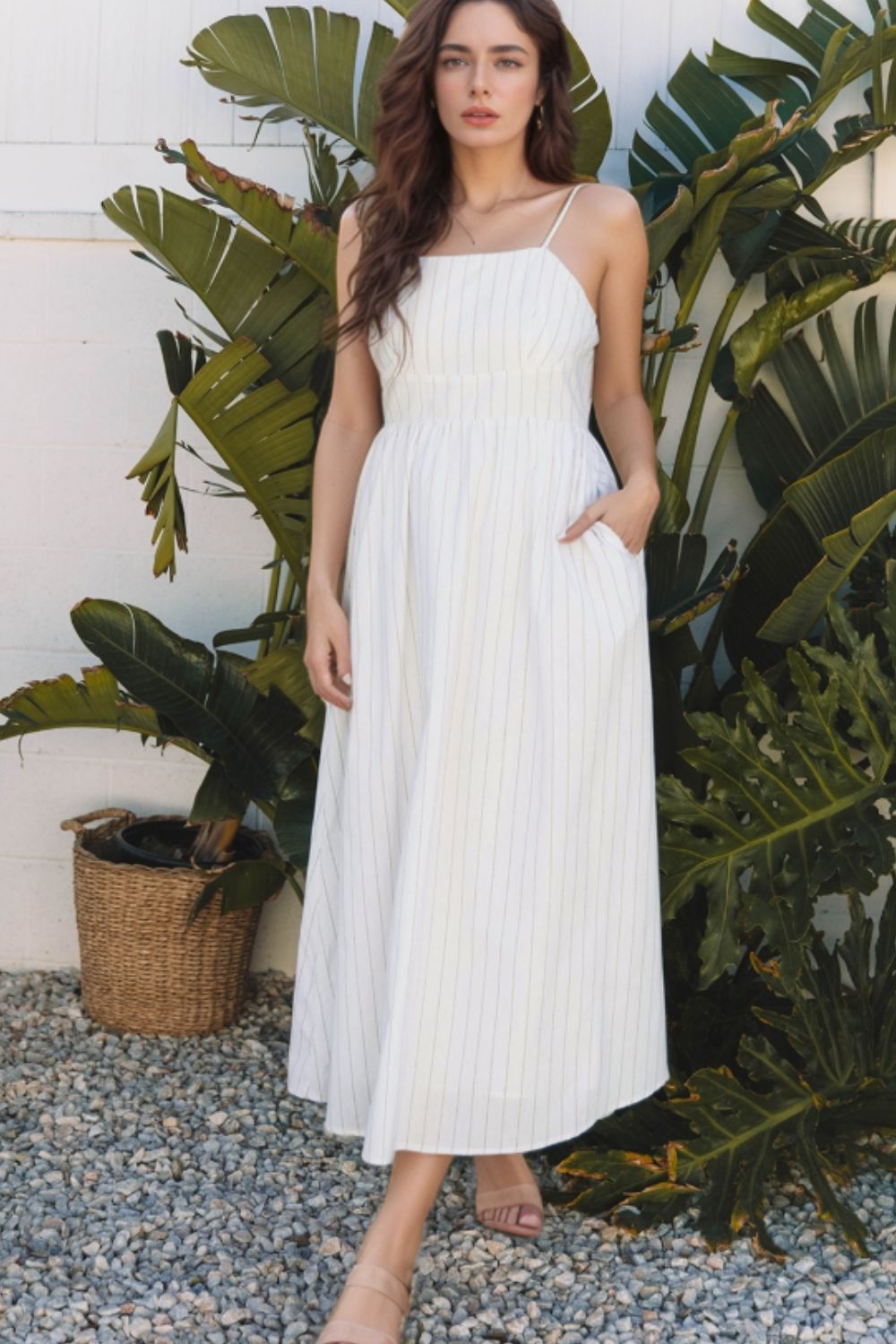 white cami dress midi Wholesale MOQ6 Stripe Square Neck Cami Dress with Pockets
