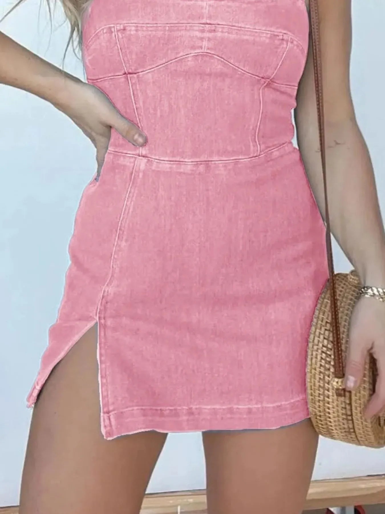 Full Size Slit Square Neck Denim Dress Plus Size Pink / S