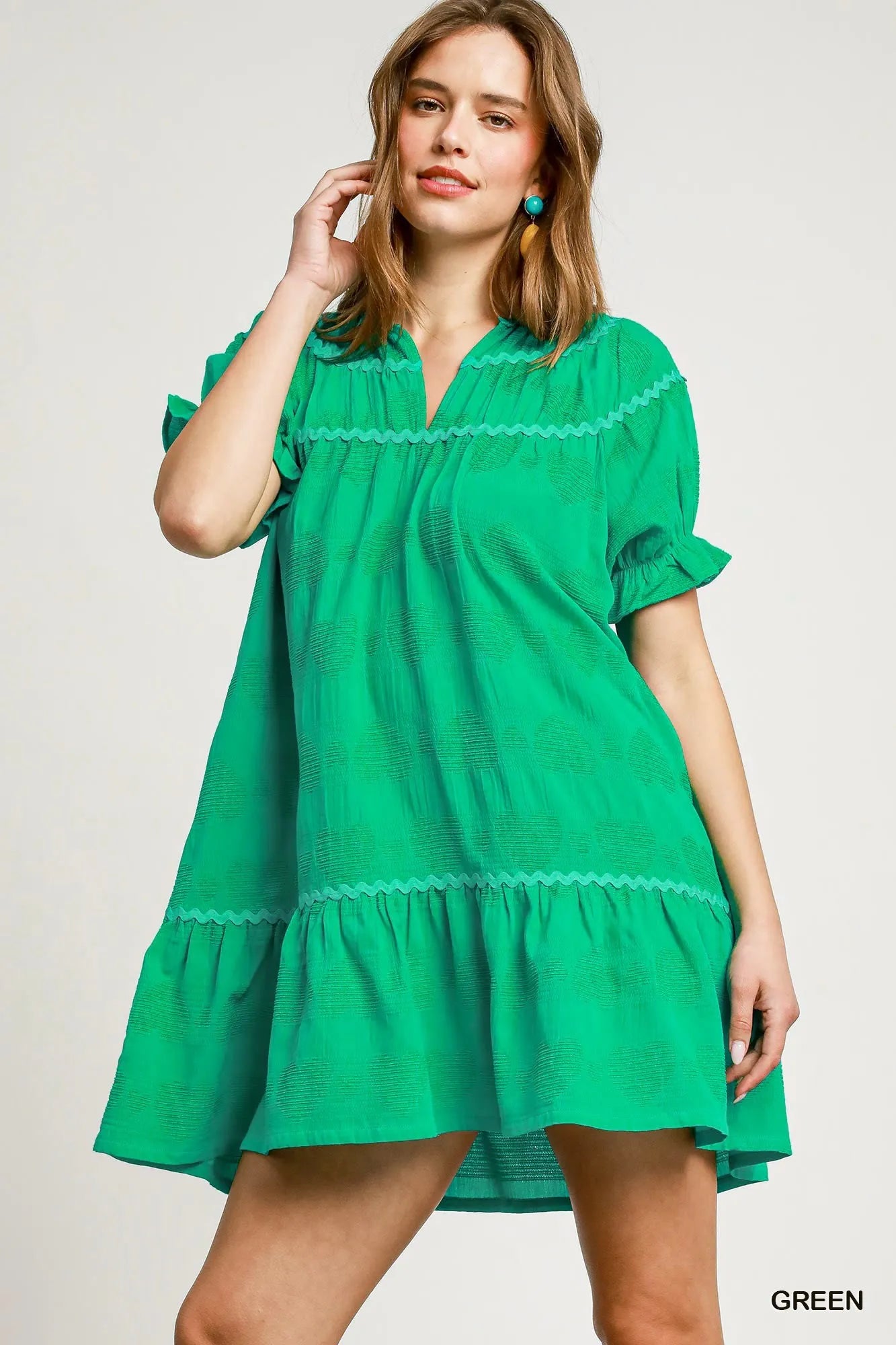 Umgee Heart Pattern Short Sleeve Ruffle Babydoll Dress – Charming Charlie