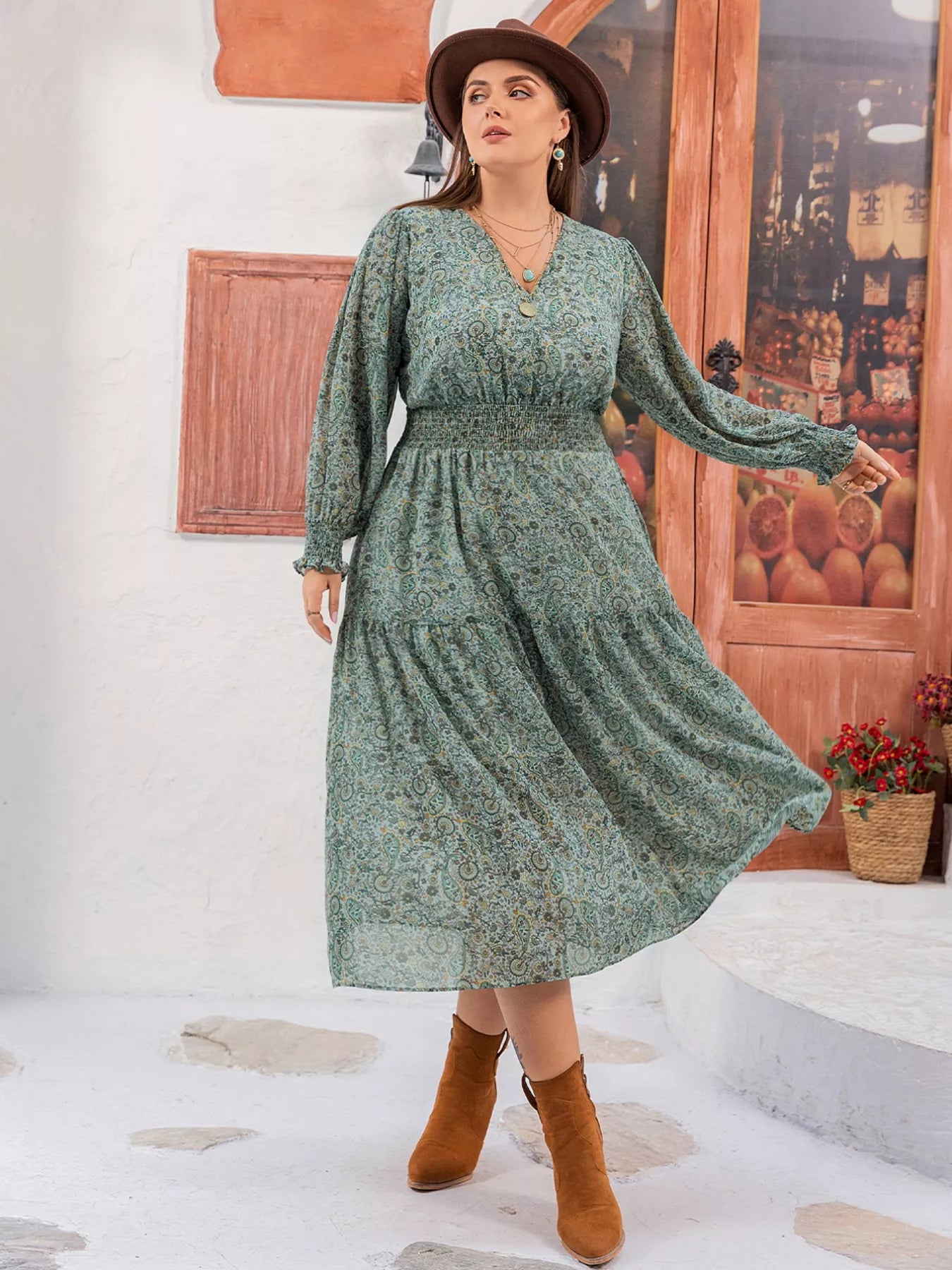 Plus Size Printed V-Neck Long Sleeve Midi Dress – Charming Charlie