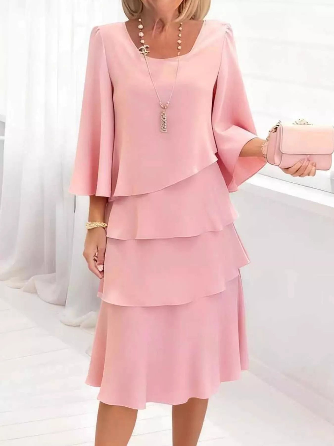Full Size Ruffled Layered 3/4 Sleeve Dress Plus Size  Charming Charlie