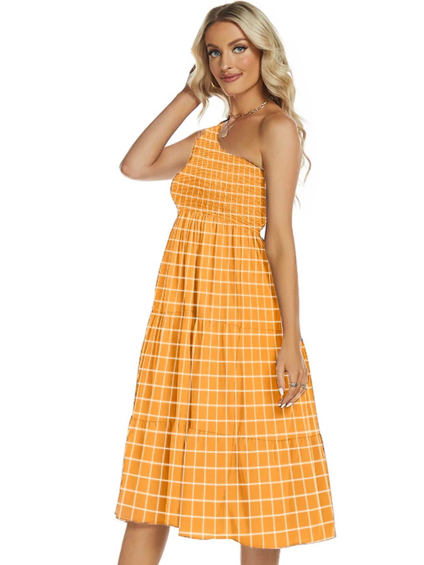 One-Shoulder Tiered Midi Dress with Smocked Bodice  Charming Charlie