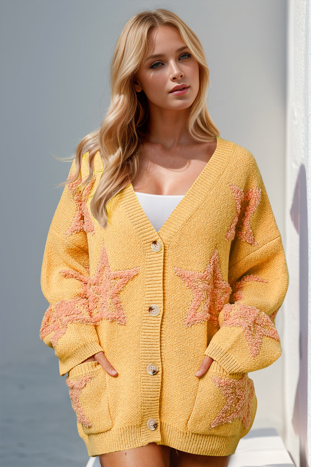 Double Take Full Size Button Up Star Pattern Cardigan – Charming