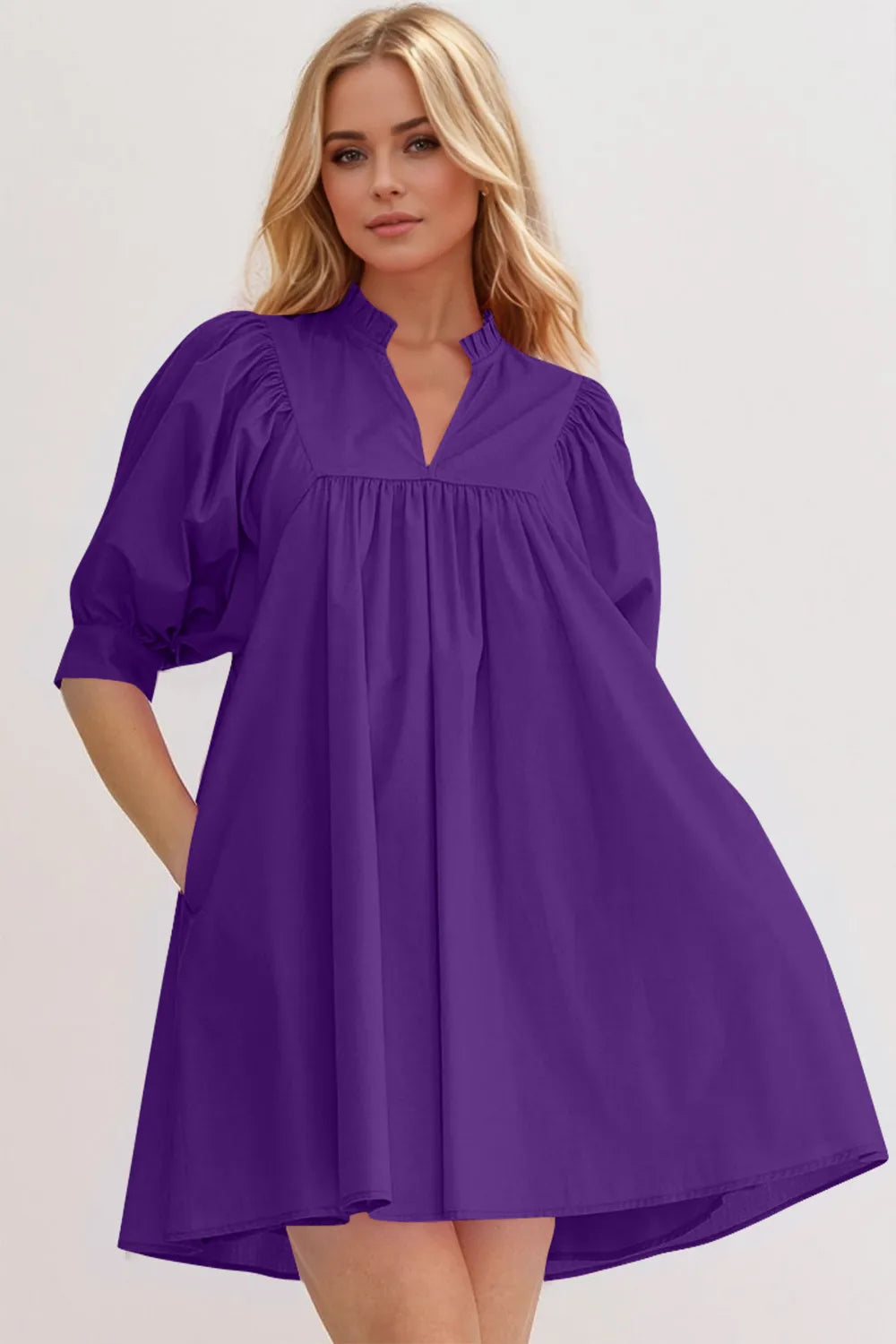 Oh Frill Notched Puff Sleeve Babydoll Mini Dress Hot Pink / 2XL