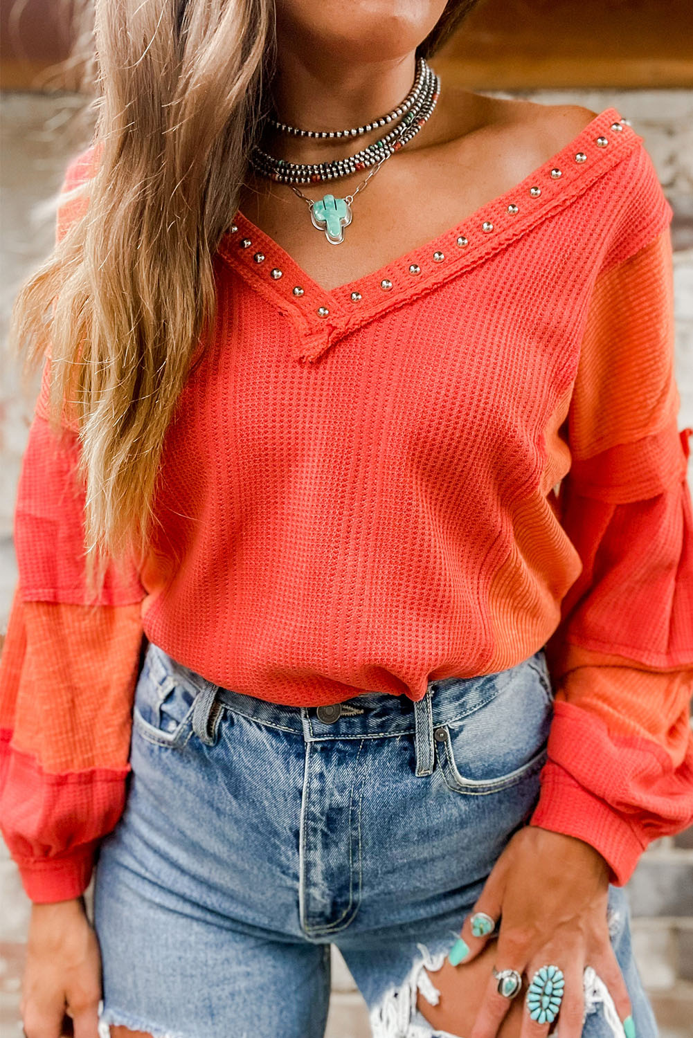 Studded Waffle-Knit V-Neck Long Sleeve Top - Charming Charlie