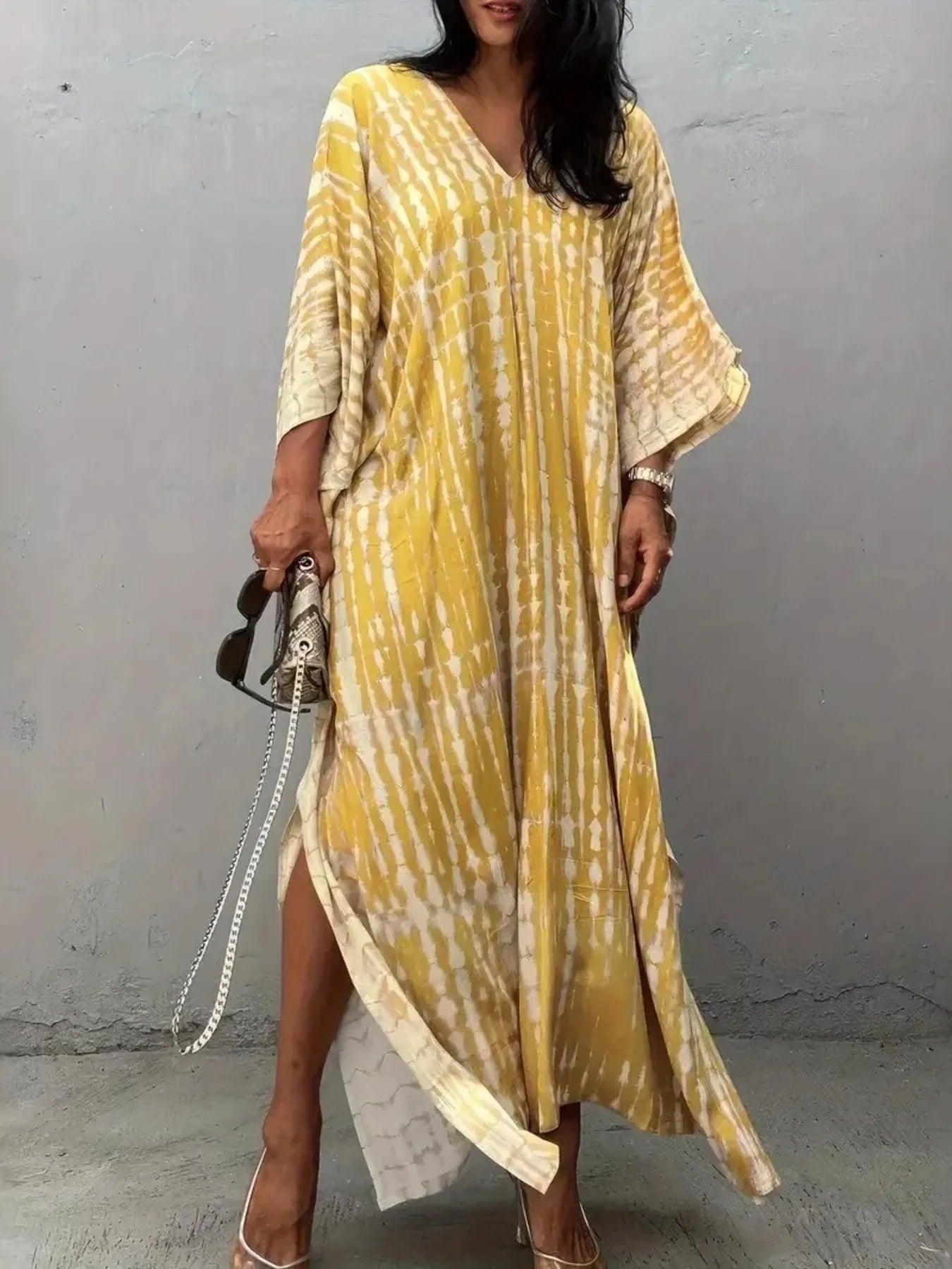 Tie-Dye V-Neck Maxi Dress with Flowy Sleeves – Charming Charlie