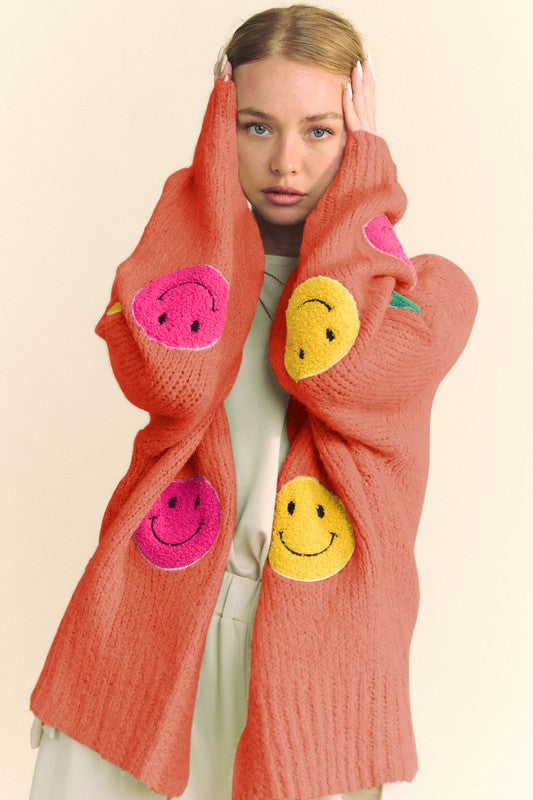 Davi & Dani Fuzzy Smile Open Front Long Sleeve Cardigan – Charming