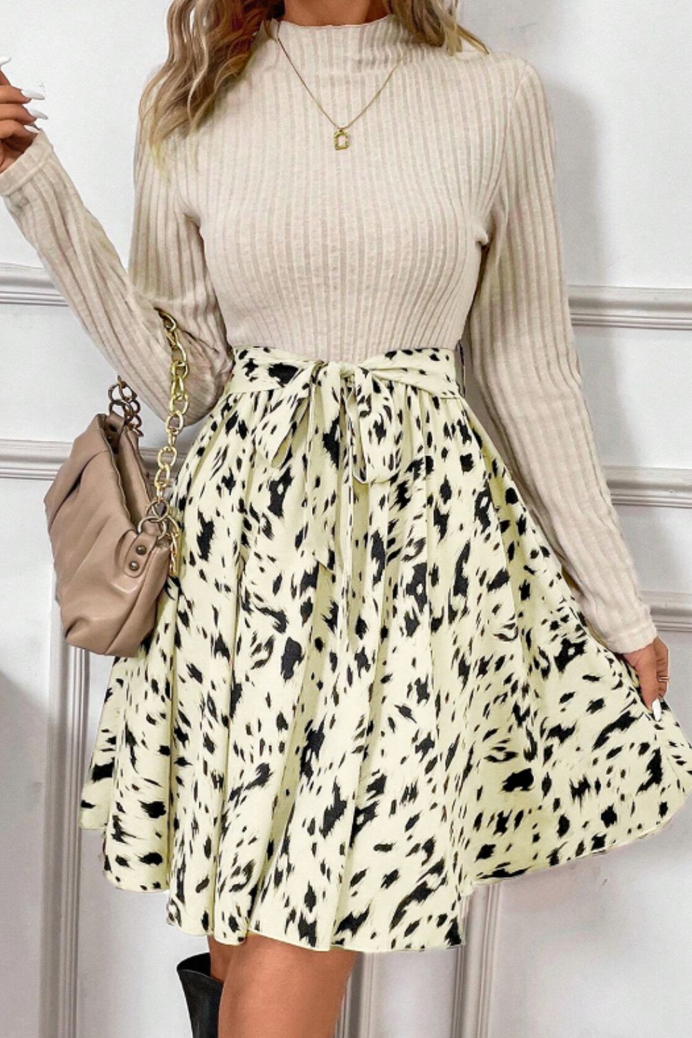 Printed Tie Waist Mock Neck Long Sleeve Dress - Charming Charlie