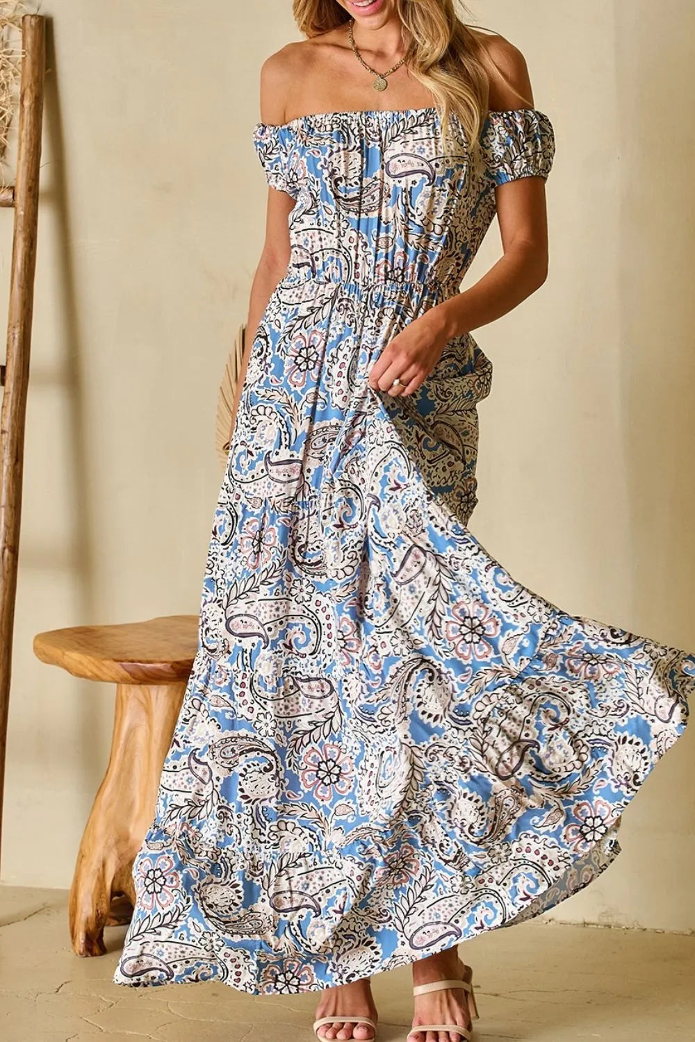 Boho Paisley Print Off Shoulder Maxi Dress Dusty Blue / XL Boho Paisley Print Off Shoulder Maxi Dress Dusty Blue / XL