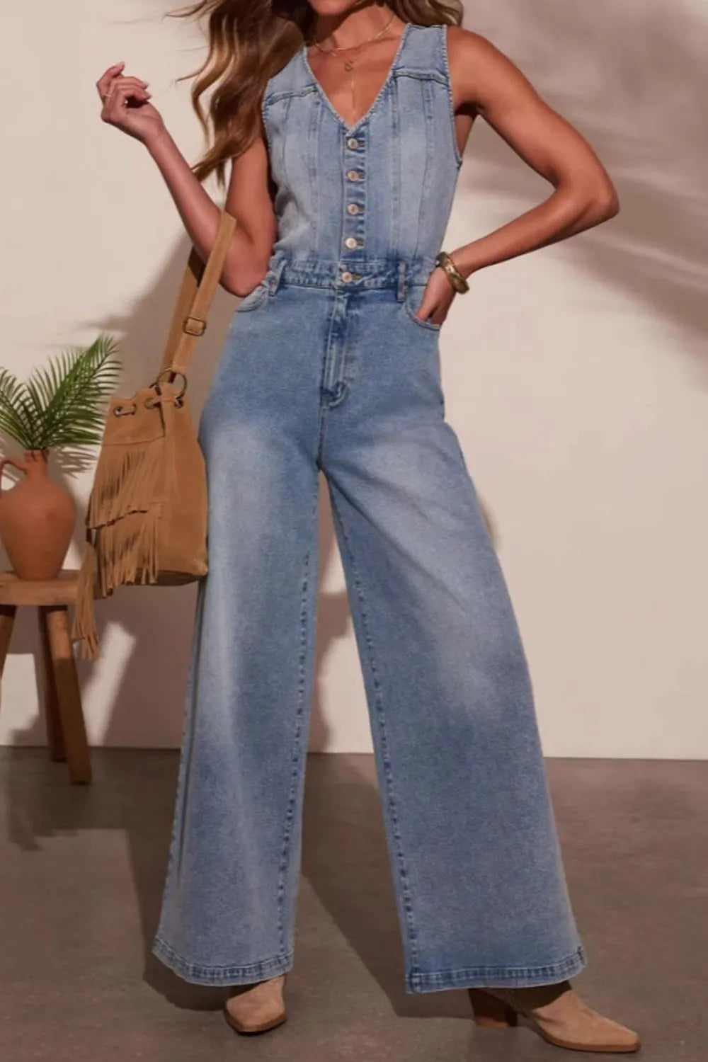 V Notch Denim Jumpsuit