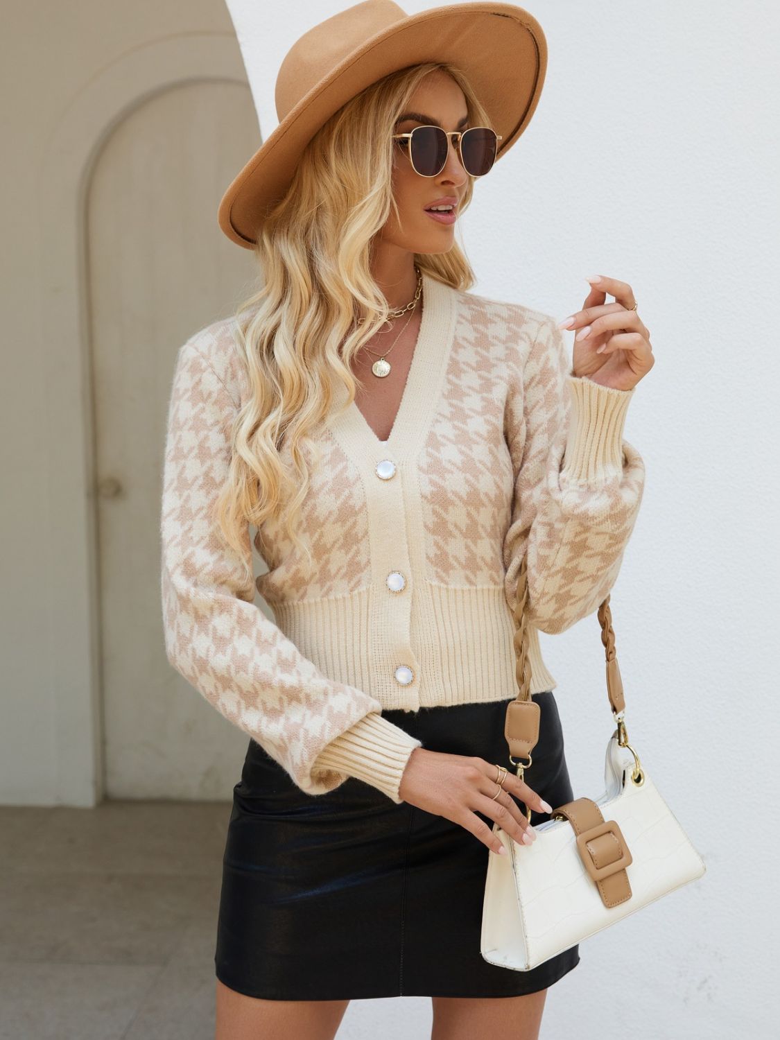 Houndstooth Button Up Long Sleeve Cardigan – Charming Charlie