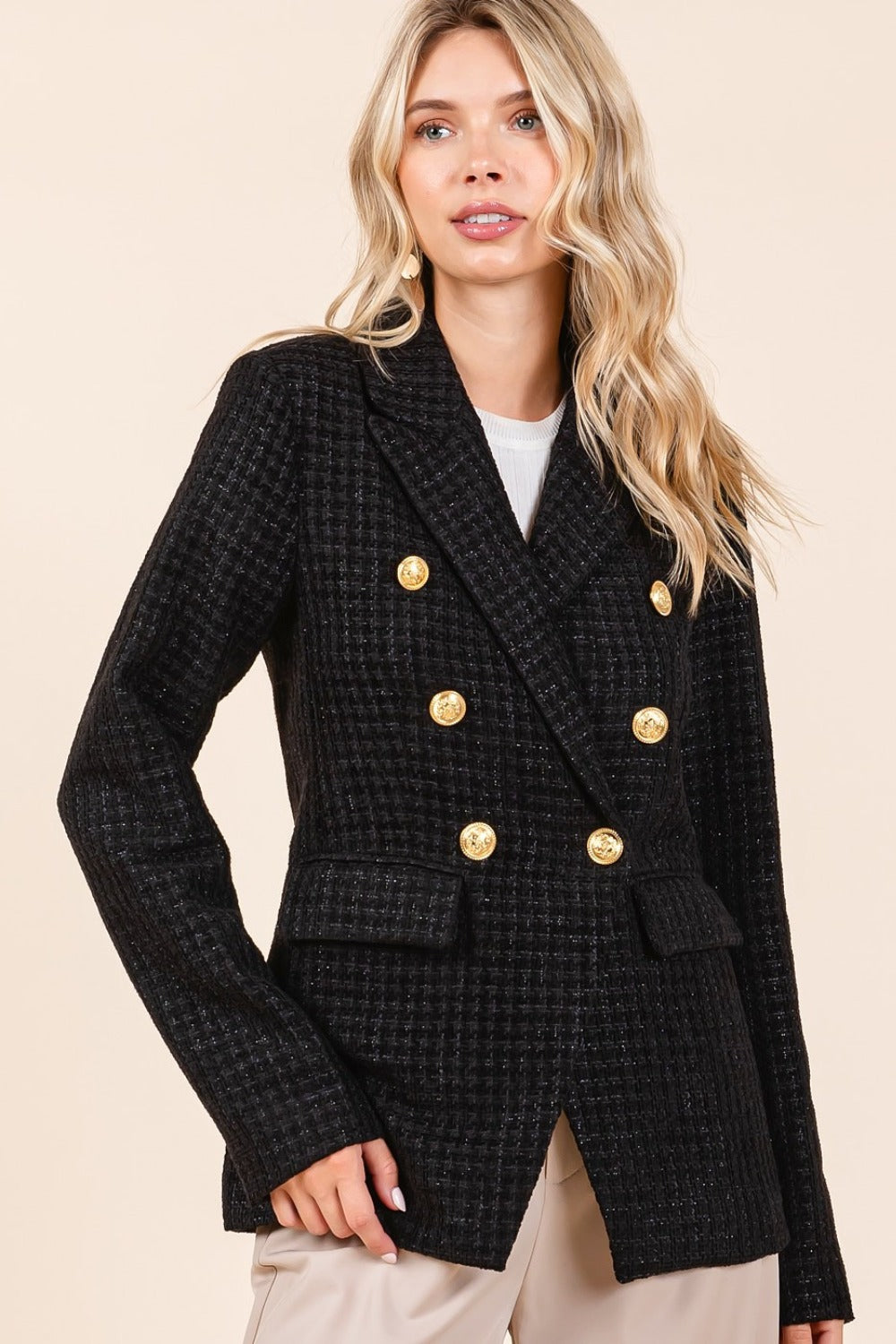 Mittoshop Plaid Texture Double-Breasted Long Sleeve Blazer - Charming Charlie