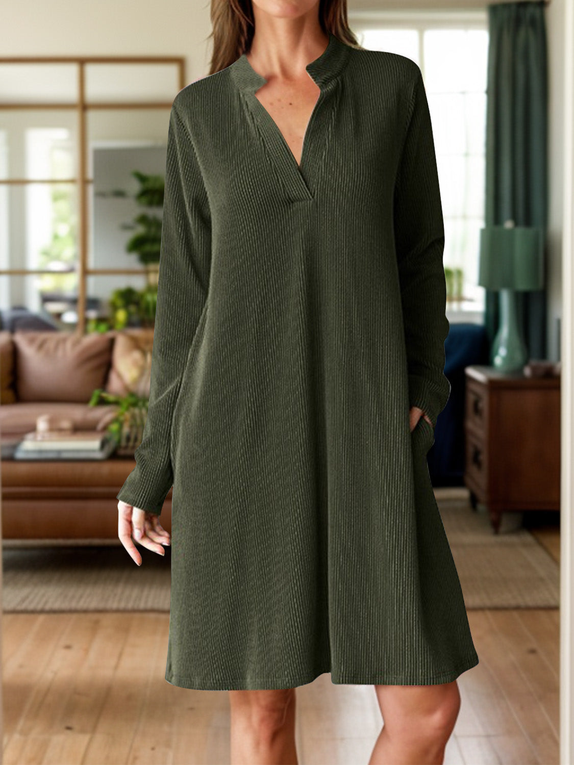 Notched Long Sleeve Mini Dress with Pockets - Charming Charlie