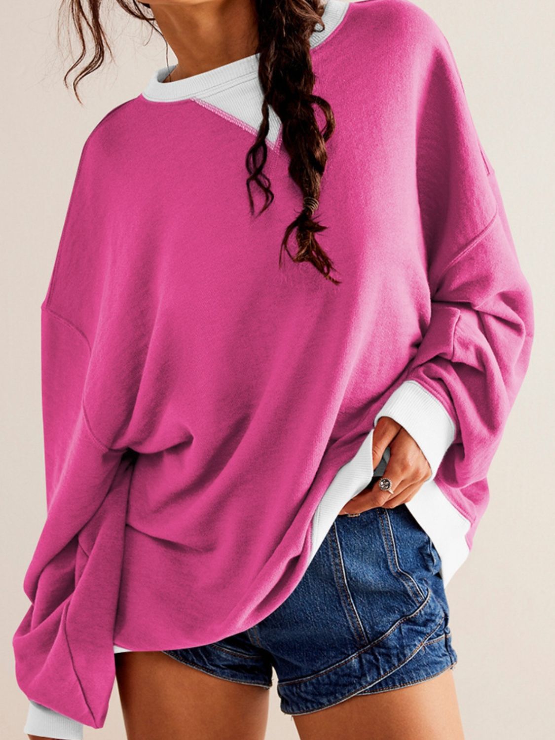 Contrast Dropped Shoulder Long Sleeve Sweatshirt - Charming Charlie