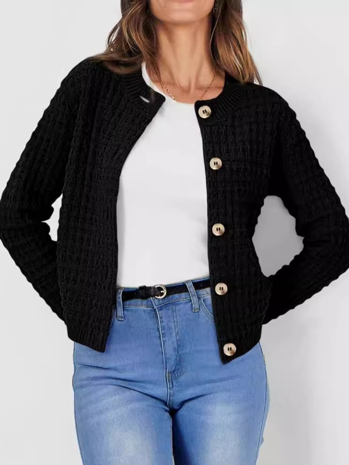 Button Up Round Neck Long Sleeve Cardigan - Charming Charlie