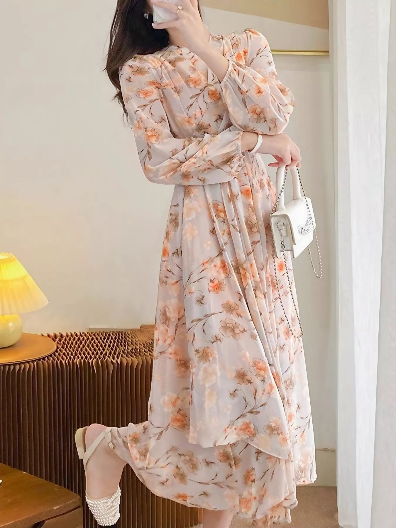 chinese dress ladies Floral Print Long Sleeve Midi Dress Apricot / XL