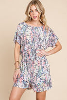 BOMBOM Printed Short Sleeve Drawstring Romper - Charming Charlie