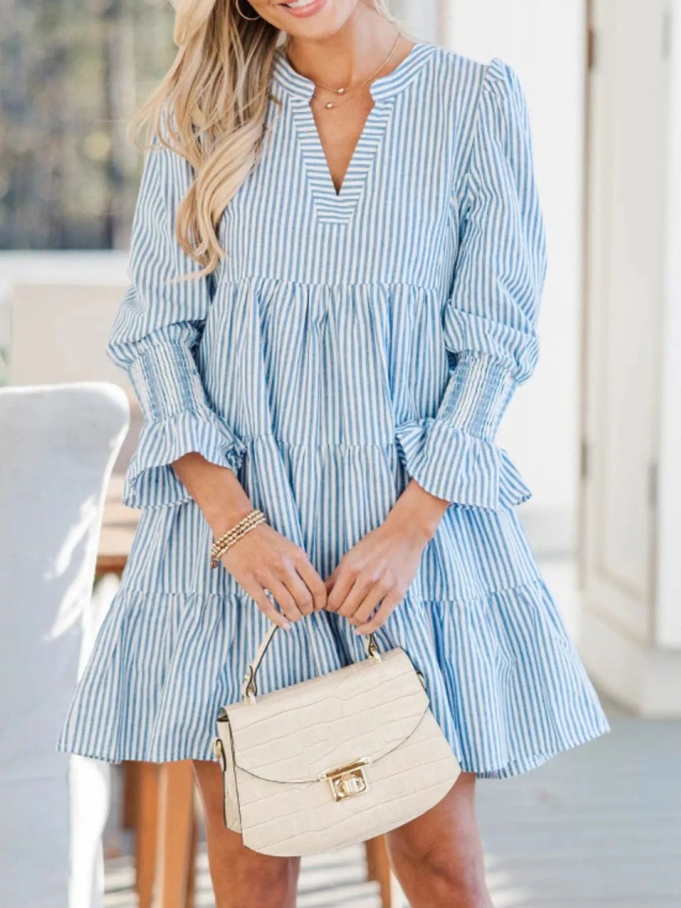 Striped Tiered Flounce Sleeve Shirt Dress Blue / XL Striped Tiered Flounce Sleeve Shirt Dress Blue / XL