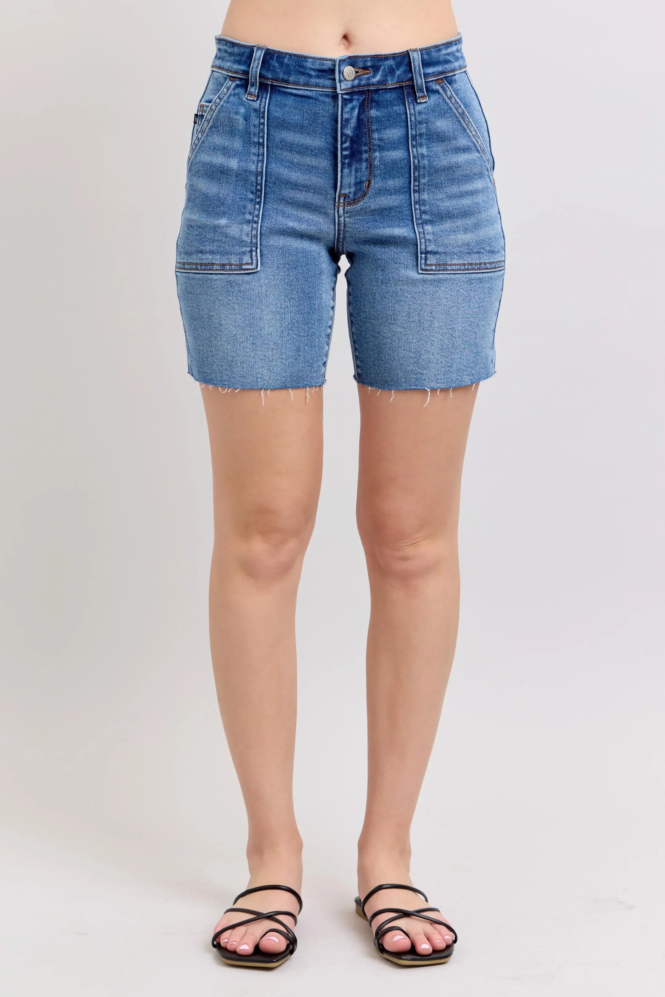 Judy Blue Full Size Mid Rise Bermudas Denim Shorts W/ Back Flap
