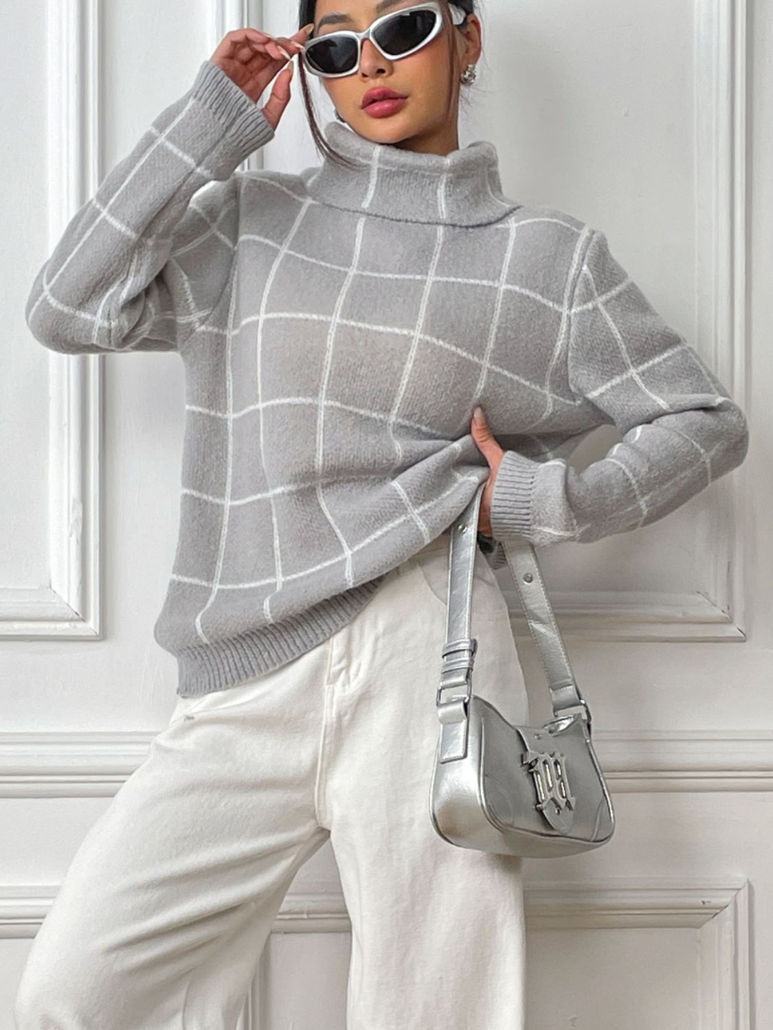 ニット/セーター PLAID SHEER TURTLE KNIT Brown Plaid Top - Mesh Long Sleeve Top - Sheer Turtleneck Top - Lulus