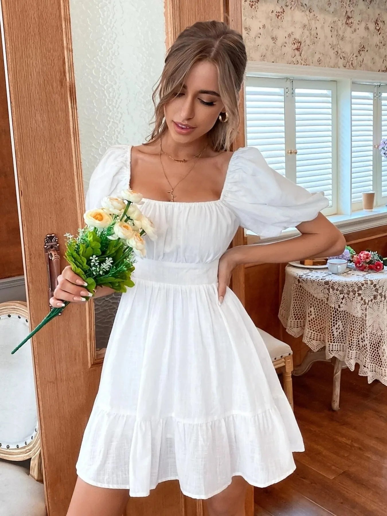 Ruched Square Neck Puff Sleeve Mini Dress