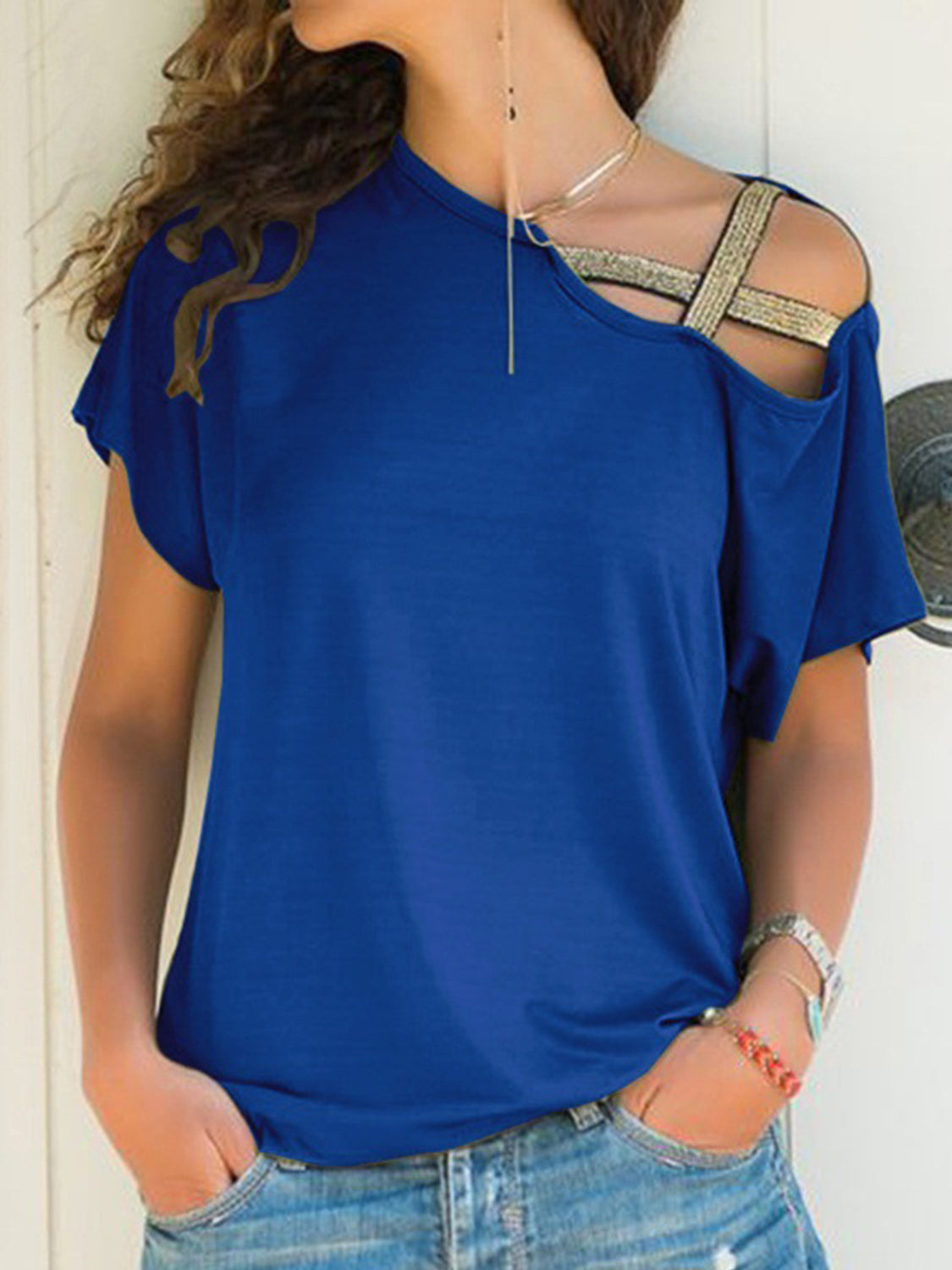 トップス DIANTE ASYMMETRY NECK HALF SLEEVE TOPS Asymmetrical Neck Short Sleeve T-Shirt – Charming Charlie