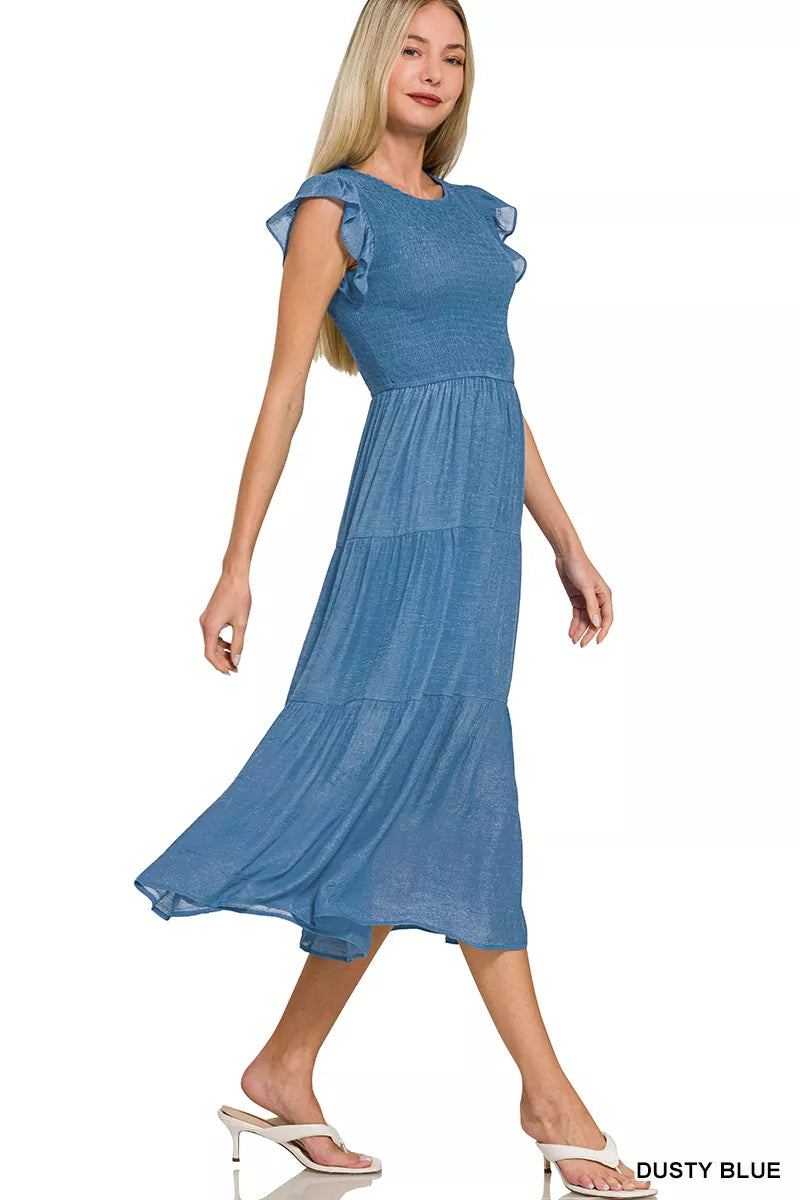 Zenana Woven Smocked Ruffle Sleeve Midi Dress Dusty Blue / S