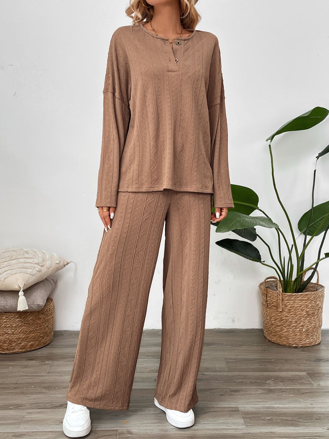 Perfee Quarter Button Long Sleeve Top and Pants Set - Charming Charlie