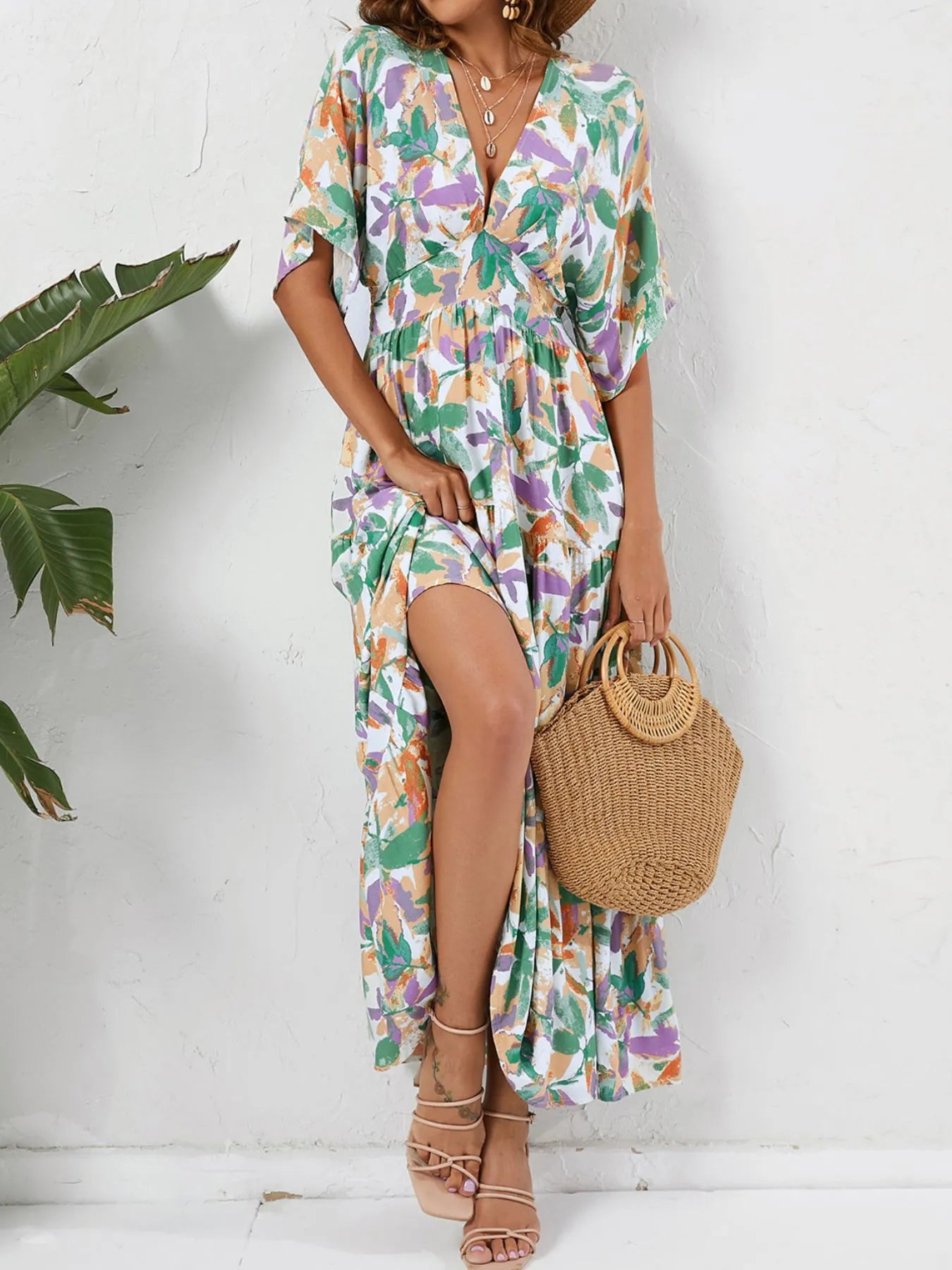 floral boho midi dress Floral Print V-neck Boho Midi Dress Gum Leaf / S