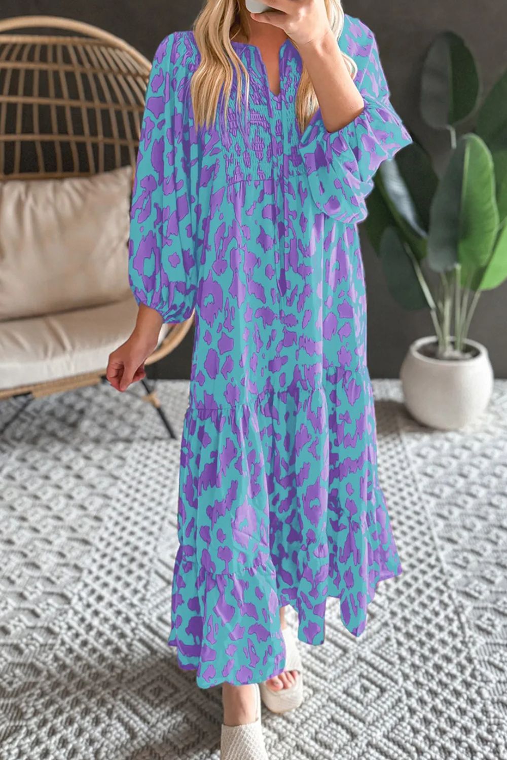 Smocked Printed Tie Neck Long Sleeve Dress - Charming Charlie
