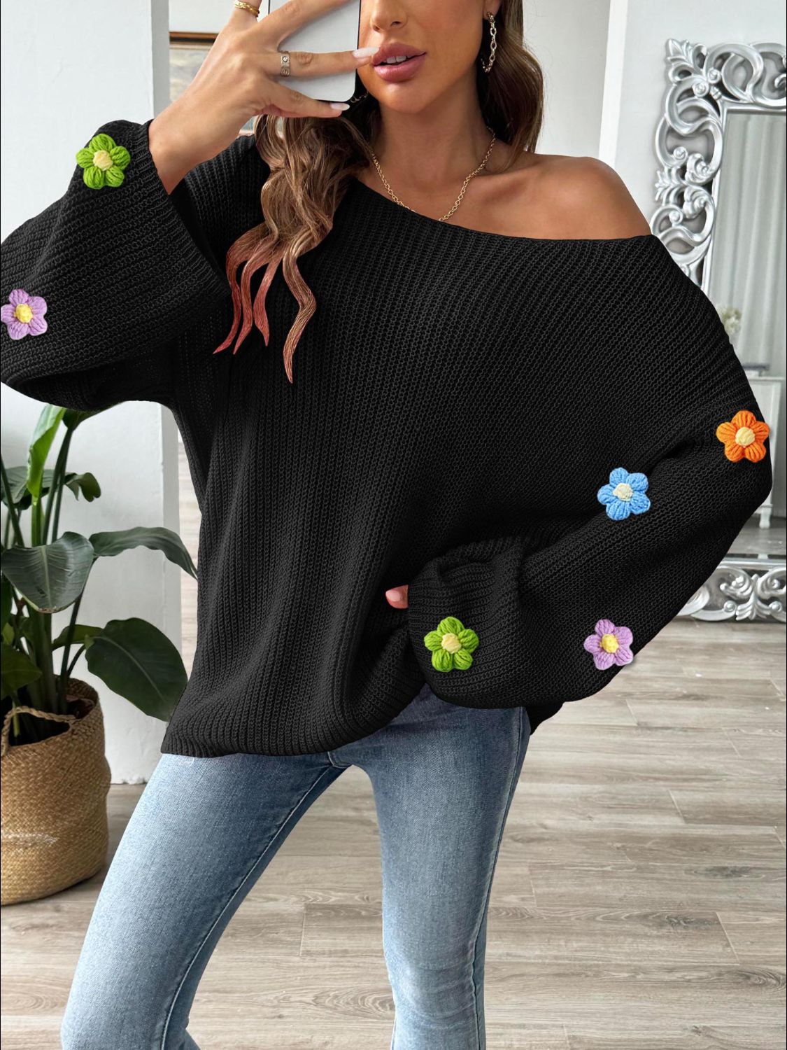 Flower Round Neck Long Sleeve Sweater - Charming Charlie