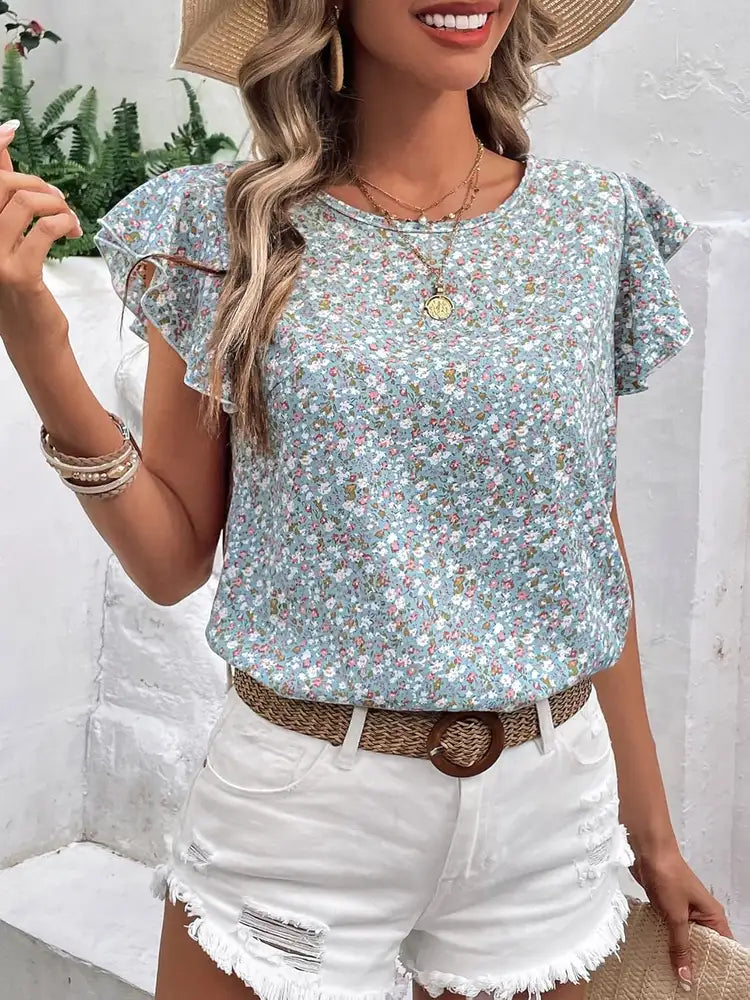 Ditsy Floral Round Neck Cap Sleeve Top - Charming Charlie