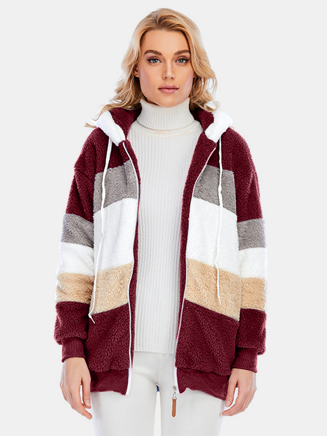 Full Size Drawstring Color Block Zip Up Hooded Outerwear - Charming Charlie