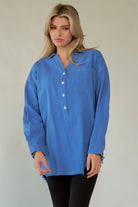 Davi & Dani Letter Back Raw Hem Half Button Shirt - Charming Charlie