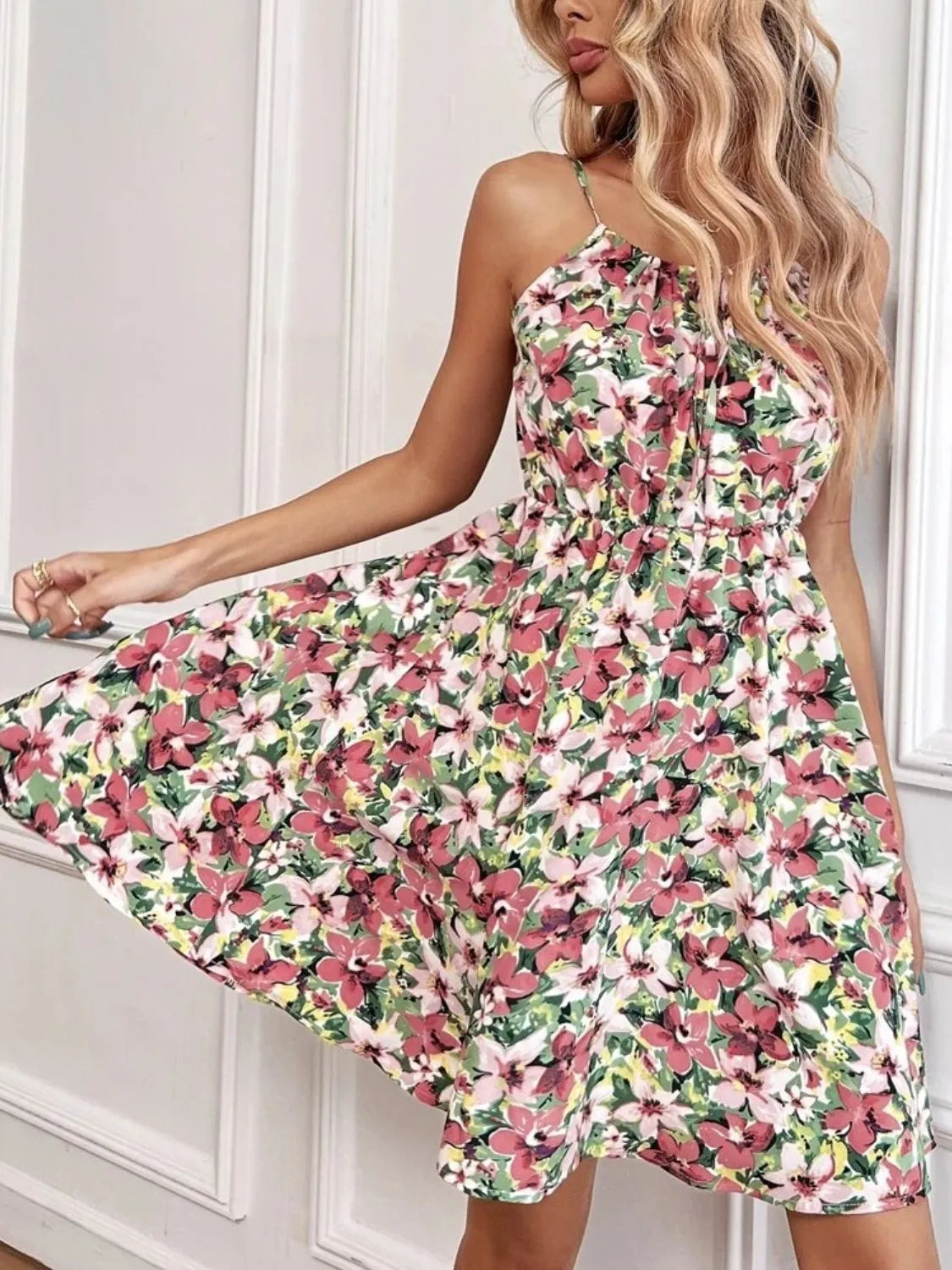 Tropical Print Spaghetti Strap Mini Dress