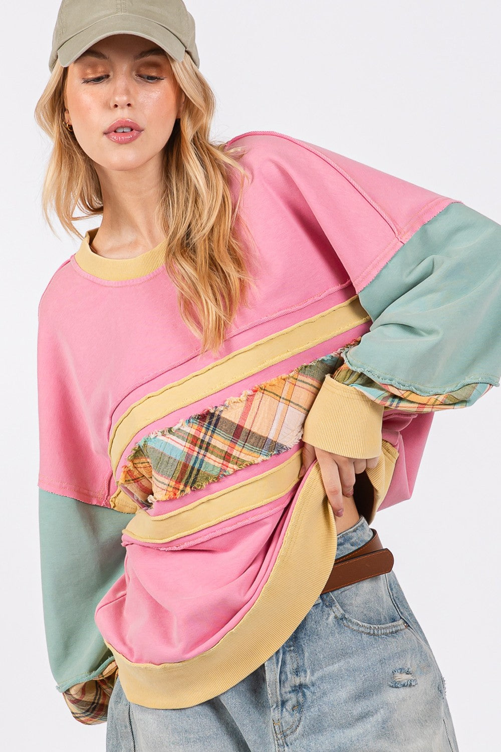 SAGE + FIG Mineral Wash Raw Edge Color Block Sweatshirt - Charming Charlie