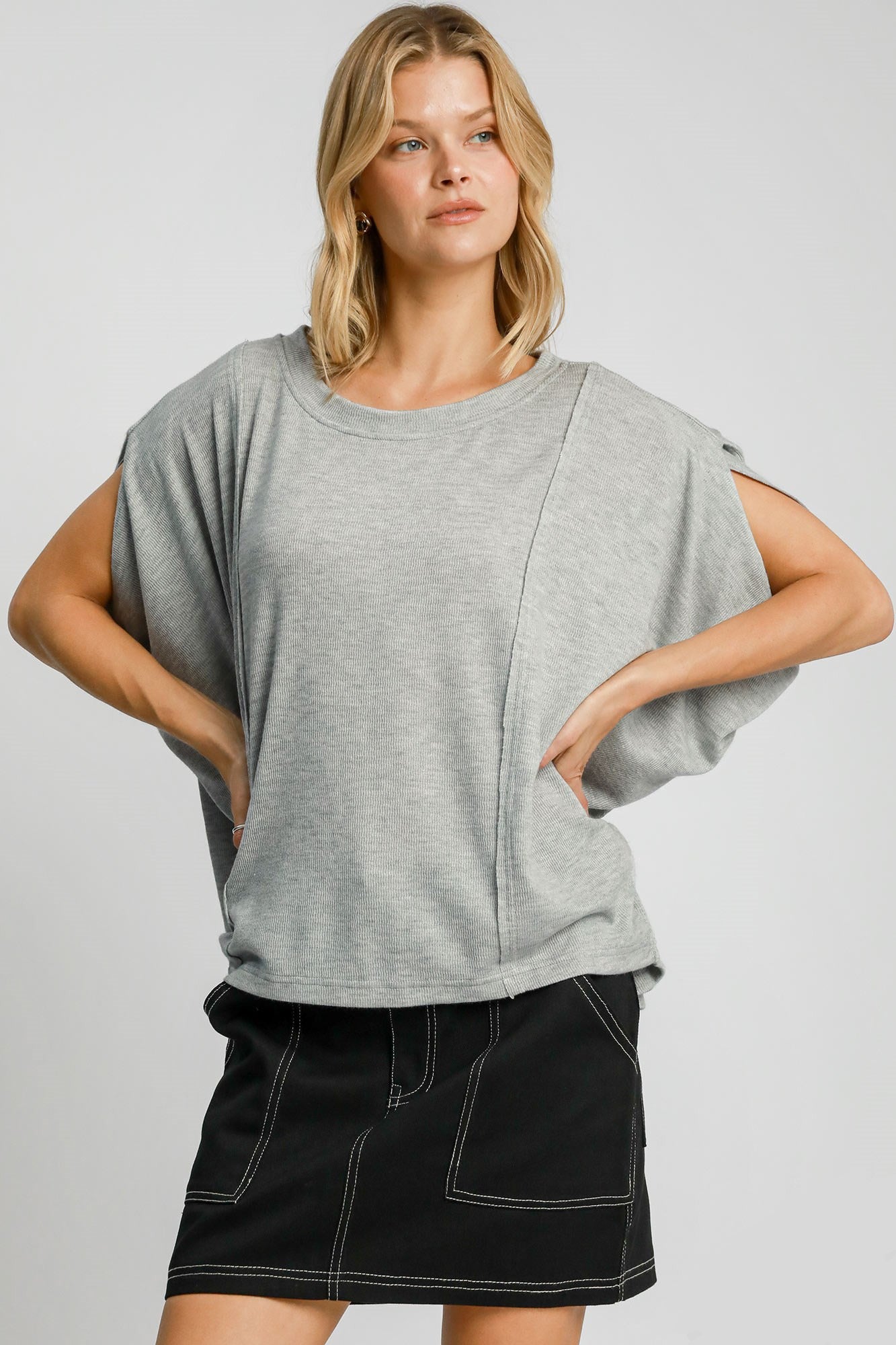 Umgee Exposed Seam Round Neck Batwing Sleeve Knit Top - Charming Charlie